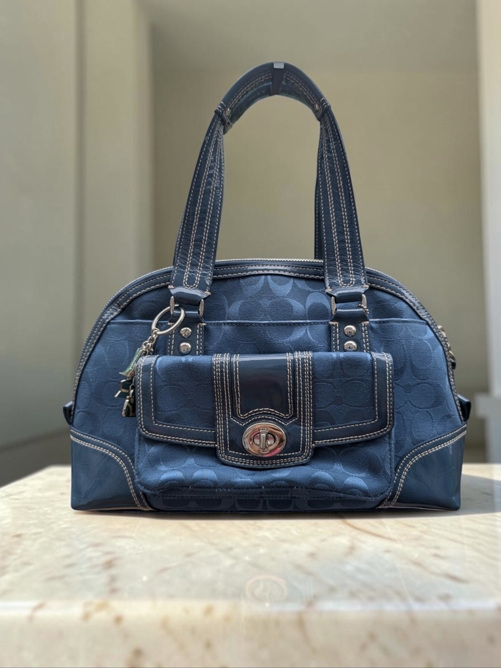 Coach Signature Navy Blue Satchel with Front Pocket